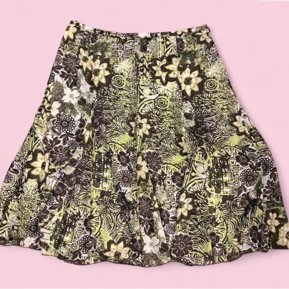 Tribal Green & Brown Earthy Boho Abstract Floral A-Line Midi Skirt Size 10